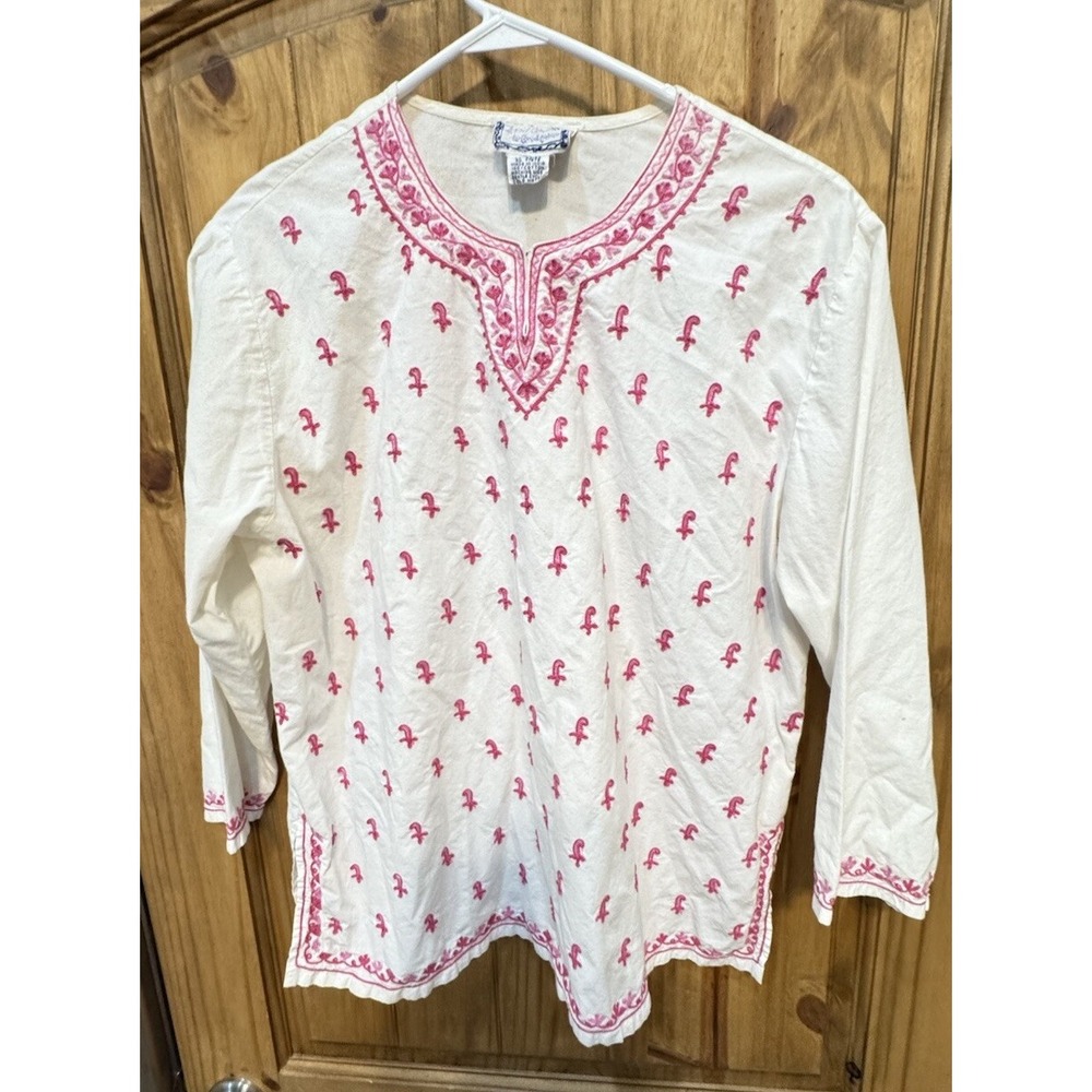 April Cornell Women's Pink Embroidered White 3/4 Sleeves Tunic Size M